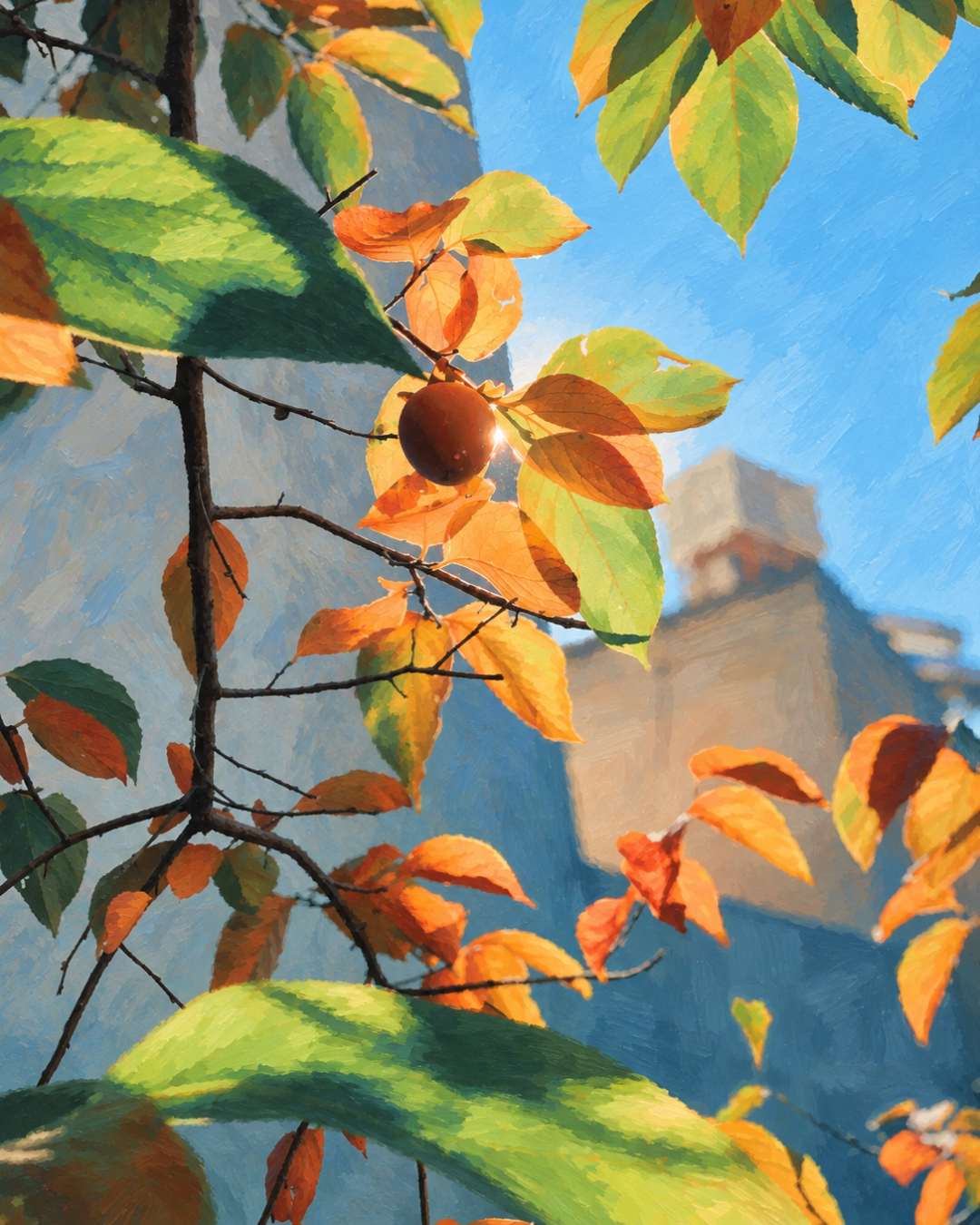 A branch with green, yellow, and orange leaves against blue sky and city buildings